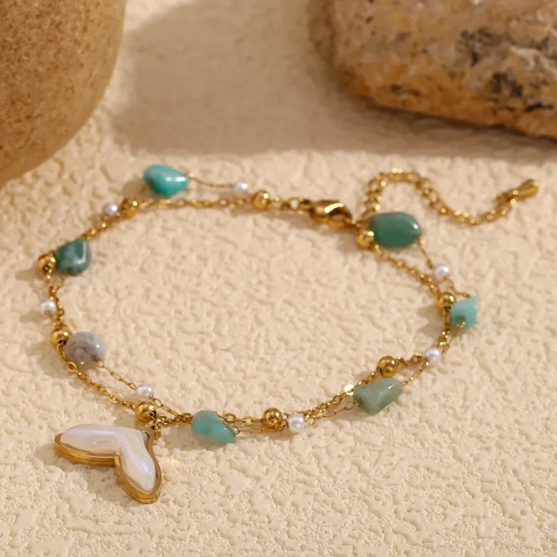18K gold plated natural stone fishtail pendant double layer anklet 2