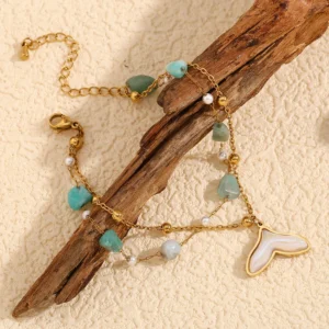 18K gold plated natural stone fishtail pendant double layer anklet 3