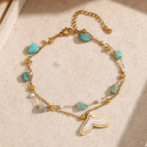 18K gold plated natural stone fishtail pendant double layer anklet 4