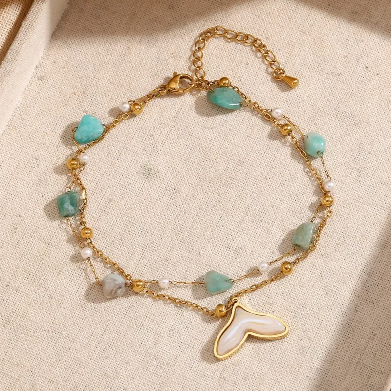 18K gold plated natural stone fishtail pendant double layer anklet 4