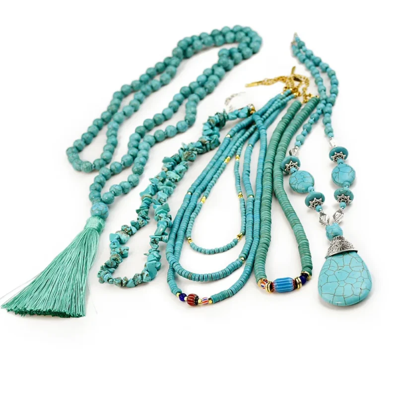 Ethnic style hand beaded turquoise necklace paired with autumn and winter long sweater 1