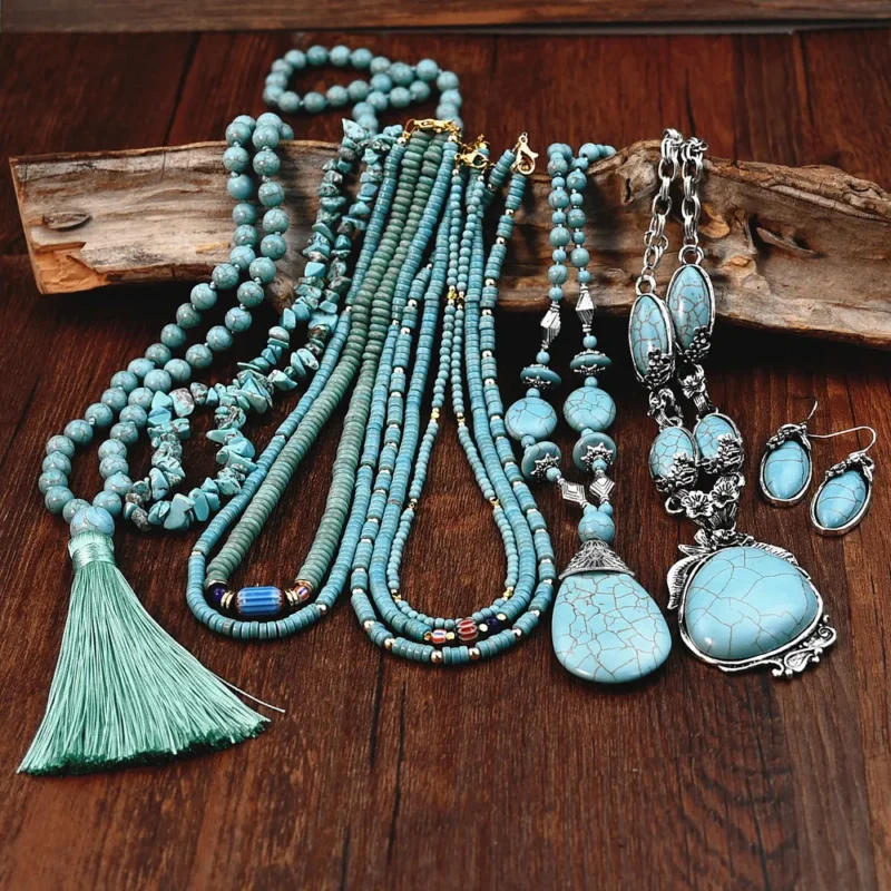 Ethnic style hand beaded turquoise necklace paired with autumn and winter long sweater 2