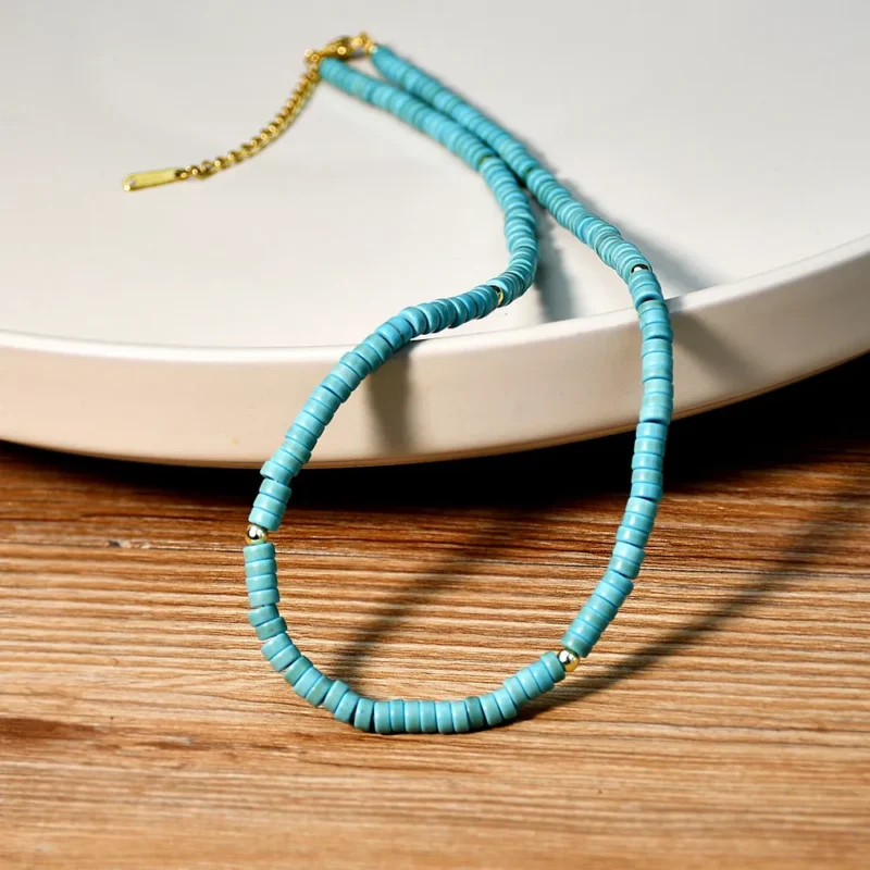 Ethnic style hand beaded turquoise necklace paired with autumn and winter long sweater 3