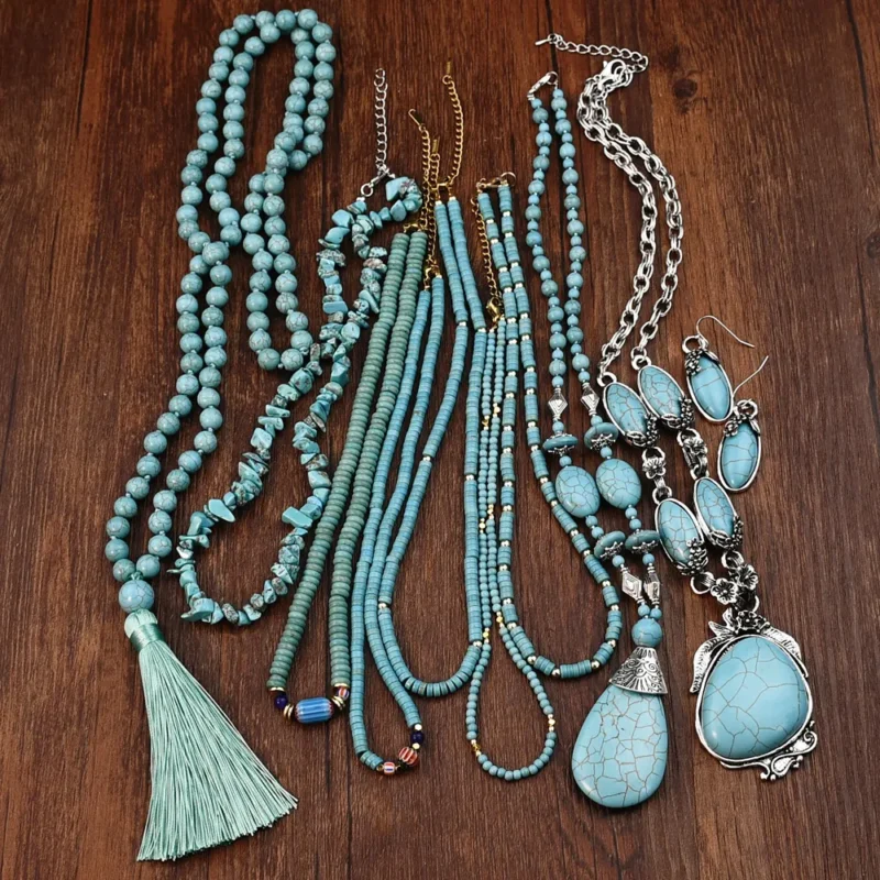 Ethnic style hand beaded turquoise necklace paired with autumn and winter long sweater 5