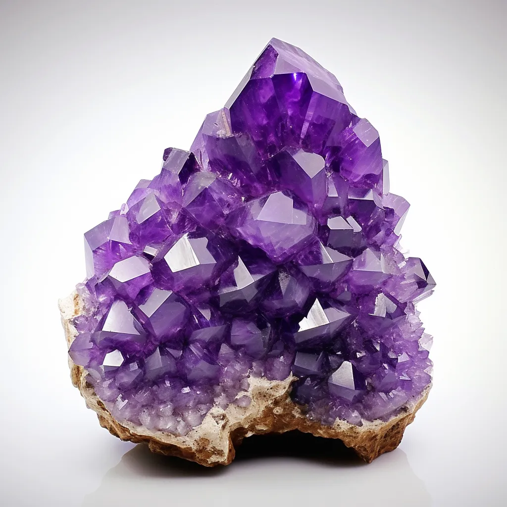 A large purple amethyst crystal on a white b 7a5dd35e b501 4256 ace5 848985006a01