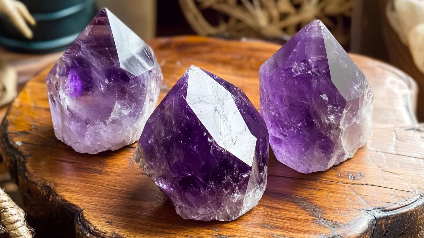 Three amethyst crystals sit atop an antique 1afb7895 6895 4c9d 95f7 f41e14dc92b7