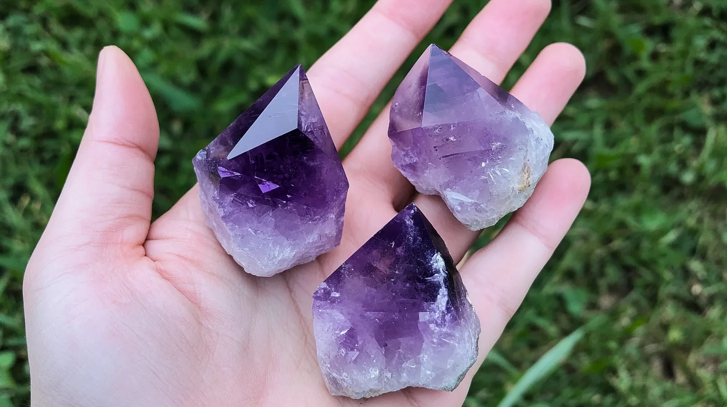 Three purple amethyst crystals rest in the p 8da65553 03a8 4816 a4de 7c0e80d01994